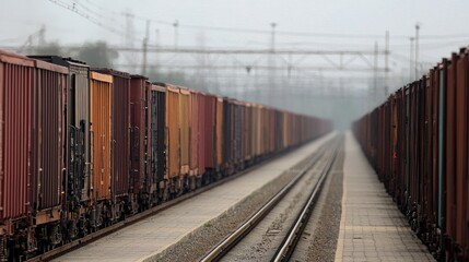 Obraz premium Freight train on misty tracks, industrial area background