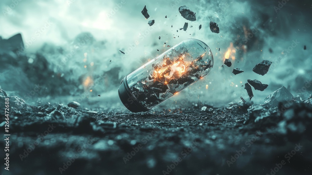 Poster exploding glass container in dark mysterious environment