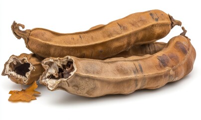 Fototapeta premium Three dried pods of a tropical fruit resting on a white surface, showcasing their unique shapes and textures