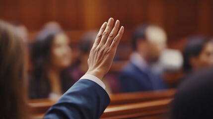 Person raising hand in courtroom setting.