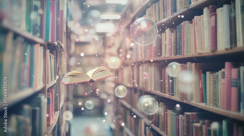 Poster enchanted library scene with floating book and bubbles