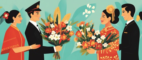 Traditional celebration with flower bouquets.