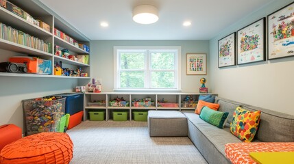 Playroom with open shelves and storage bins for kids' items