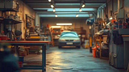 A cluttered garage workshop with tools and a car. Ideal for concepts of repair, DIY, or automotive work.