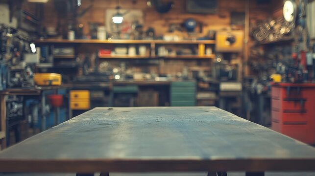 Empty workbench in a cluttered workshop. Ideal for product placement, showcasing tools or DIY projects.