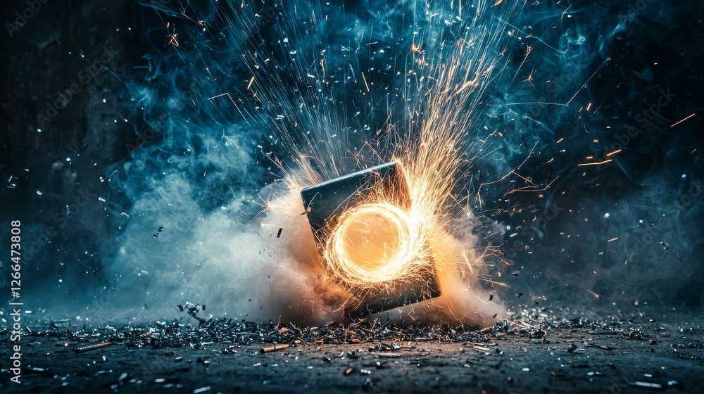 Poster explosion of sparks from a metal object on dark background