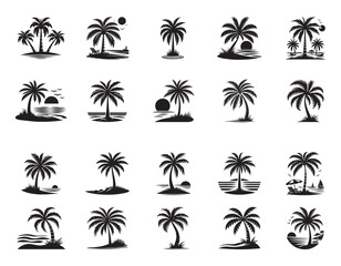 Tropical Beach and Palm Tree Silhouettes with Sunset and Ocean Elements