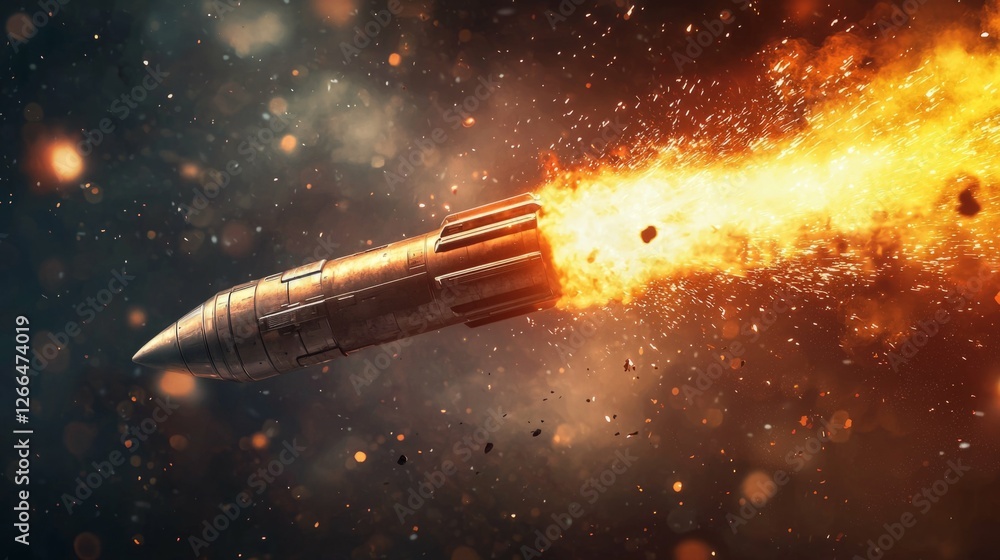 Poster unleashing power of a fiery rocket in space with explosive background