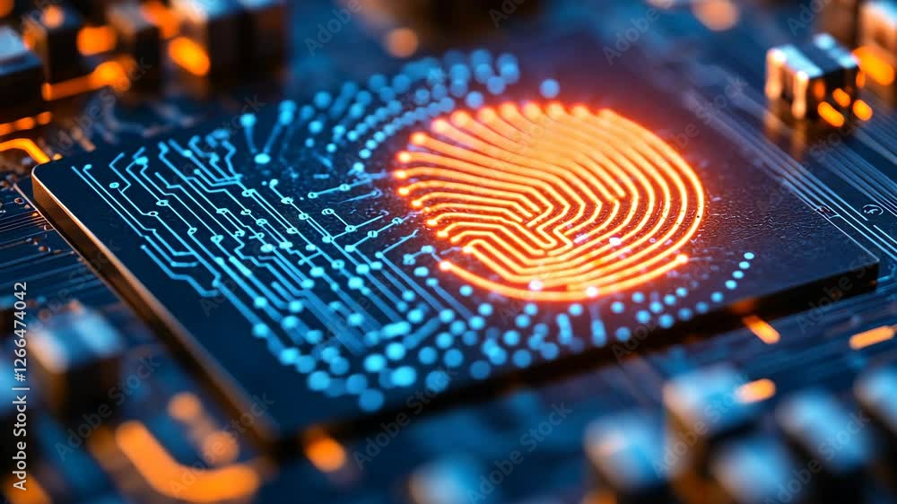 Poster Fingerprint recognition technology showcased on a microchip with vibrant blue and orange circuit patterns