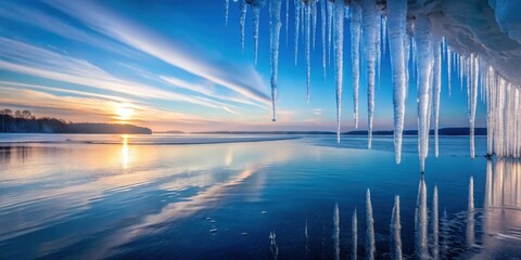 Icy formations hang dramatically over a tranquil, frozen lake at sunrise, reflecting the vibrant colors of the sky and the serene winter landscape.