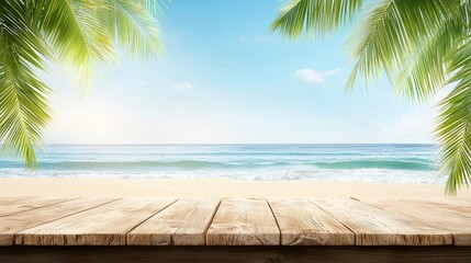 Fototapeta premium Stunning ocean view from rustic wooden table, peaceful seascape photography, summer vacation scenery