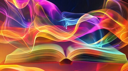 Abstract smart learning technology background with dynamic waves and digital books, no people, copy space.