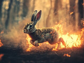 Rabbit Running Through Fire Dramatic Forest Scene