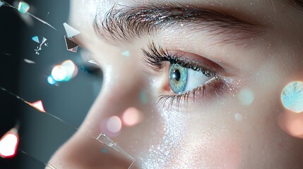 Close-up of a futuristic eye with digital elements and holographic reflections, symbolizing innovation and technology.