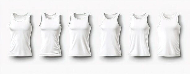 Set of white tank tops for men and women, front view, vector illustration on isolated background, highly detailed and sharp focus, high resolution.