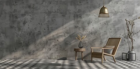 Minimalist living room with a wooden chair. side table. and a vase with dried flowers against a concrete wall with natural light