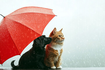 Adorable ginger cat and black labrador puppy sheltering together under a red umbrella in the rain looking up