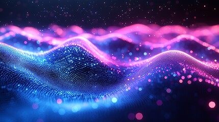 Abstract digital wave, glowing, particles, dark background, tech design