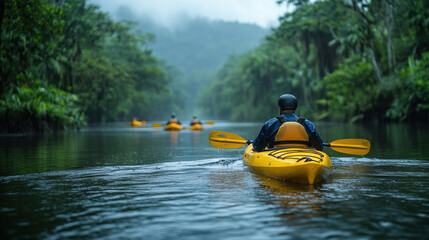 Kayakers navigating a series of gentle rapids in a lush, tropical river