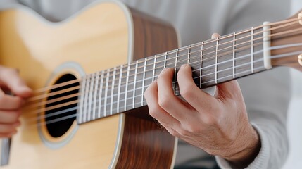 Close-up of a person playing an acoustic guitar, focusing on hand positioning and strumming technique.