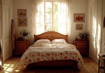 Sunny Bedroom Wooden Bed, Floral Bedding, Natural Light