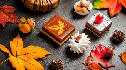 A delightful assortment of autumn-themed sweets, featuring cookies, cakes, and pastries decorated with intricate autumn leaf motifs in warm hues of orange, red, and yellow.