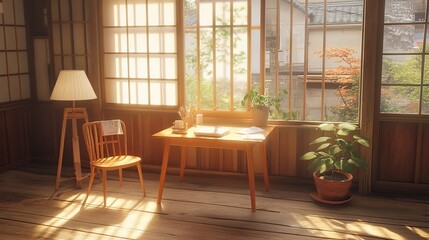 Obraz premium Sunlit Japanese room, desk, chair, plants, view