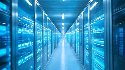 Modern Data Center Corridor with Lit Server Racks in Blue Light