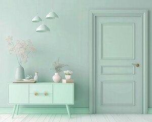 Minimalist green hallway interior design with a dresser. door. and hanging pendant lights