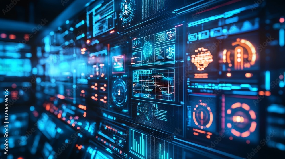 Poster futuristic data analysis interface with bright neon visual elements
