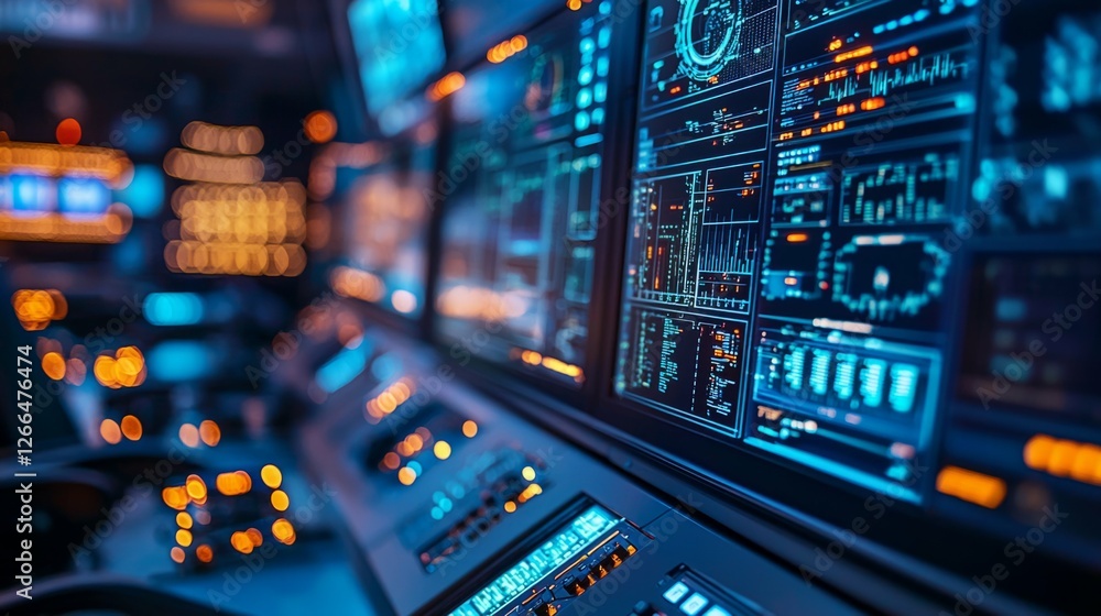 Poster advanced control room with high-tech display panels and interfaces