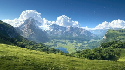 Fototapeta premium Alpine valley panorama scenic lake, green meadows, majestic mountains under a bright sky. Perfect for travel brochures