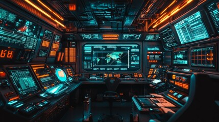 Futuristic Control Room with Digital Screens and Neon Lights