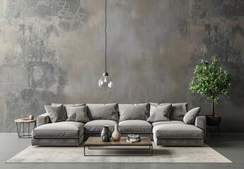 Modern living room interior with sectional sofa. coffee table. rug. and plant in front of a gray concrete wall with a hanging pendant light