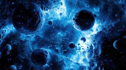 Colorful cosmic explosion featuring multiple planets and star clusters with vibrant blue hues during a nebula event. Generative AI