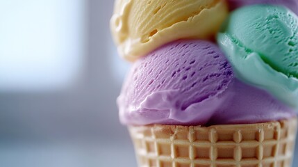 Pastel ice cream scoops in waffle cone, close-up, bright background, food advertising