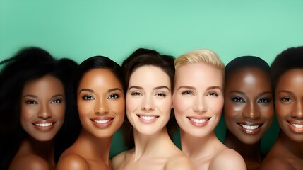 Obraz premium Diverse Group of Women Smiling Beautiful Skin Tones Multiethnic Beauty Portrait