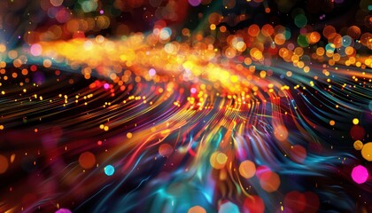 Wonderful night view futuristic international telecommunication network, concept about global data transfer, background with colourful abstract dynamic gradient line flows connecting cityspace