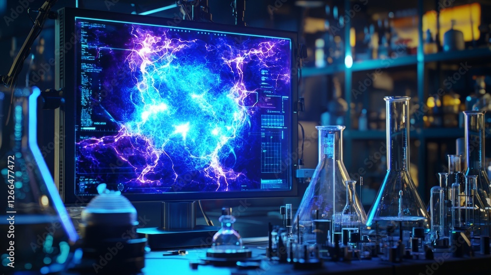 Poster futuristic laboratory with abstract digital data visualization