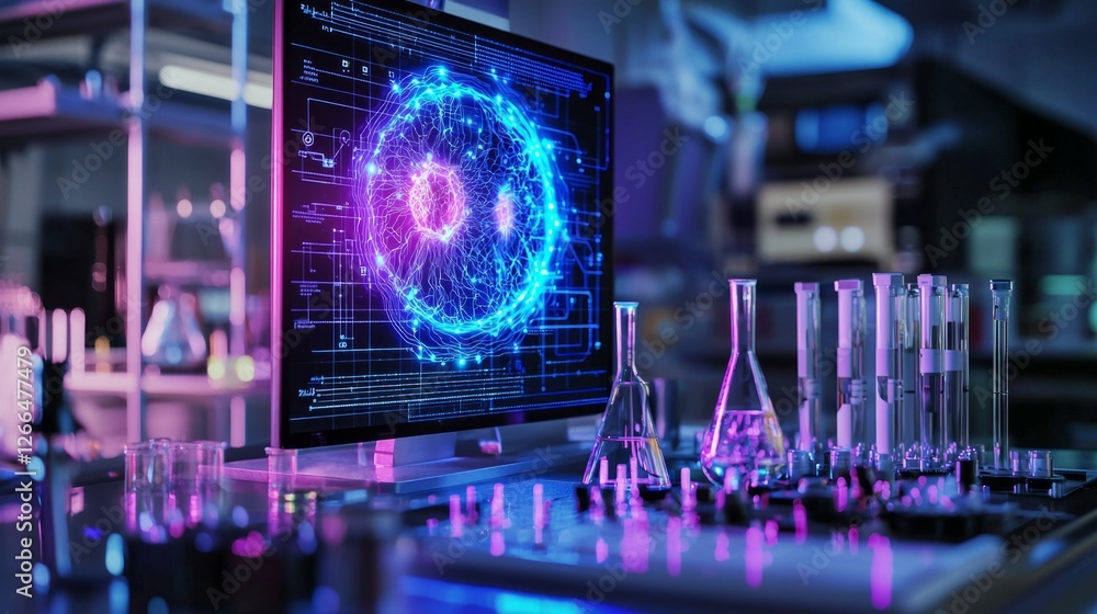 Poster modern laboratory with advanced technology and digital visualization