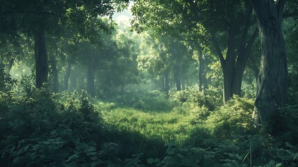 Obraz premium Sunlight in the green forest. Summer landscape. Sunlight through the trees.