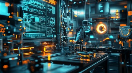 Fototapeta premium Futuristic Laboratory with Neon Lights and Advanced Technology Elements