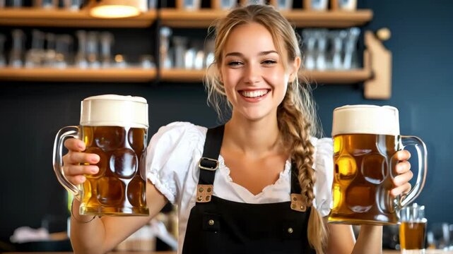 Young sexy Oktoberfest waitress, wearing a traditional Bavarian dress, serving big beer mugs	