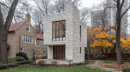 Modern stone house, autumn garden, city backdrop, residential