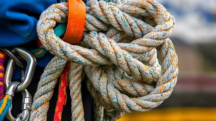 Close-up of coiled climbing rope secured with a knot during an outdoor adventure activity in a mountainous region