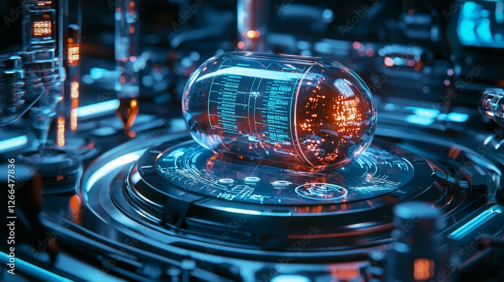 Poster futuristic capsule on high-tech platform with glowing elements