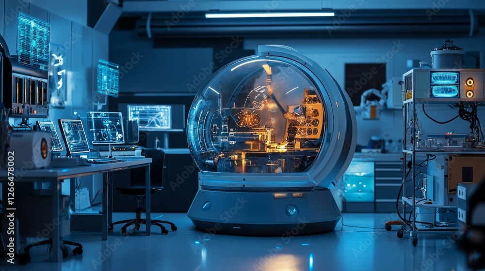 Poster high-tech lab with advanced research equipment and control center