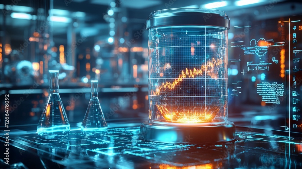 Poster futuristic scientific laboratory with data visualization graphics
