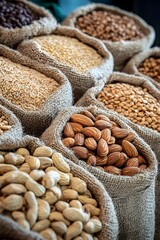 Obraz premium Artfully Displayed Assortment of Organic Nuts and Grains in Burlap Sacks