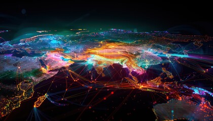 Wonderful night view futuristic international telecommunication network, concept about global data transfer, background with colourful abstract dynamic gradient line flows connecting cityspace